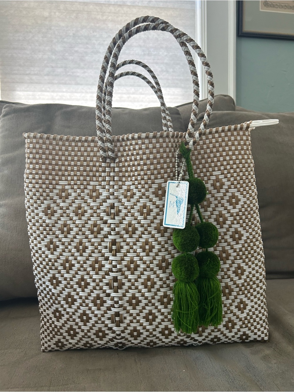 Woven Tote Bag with Green Tassel Accent - Brown & White